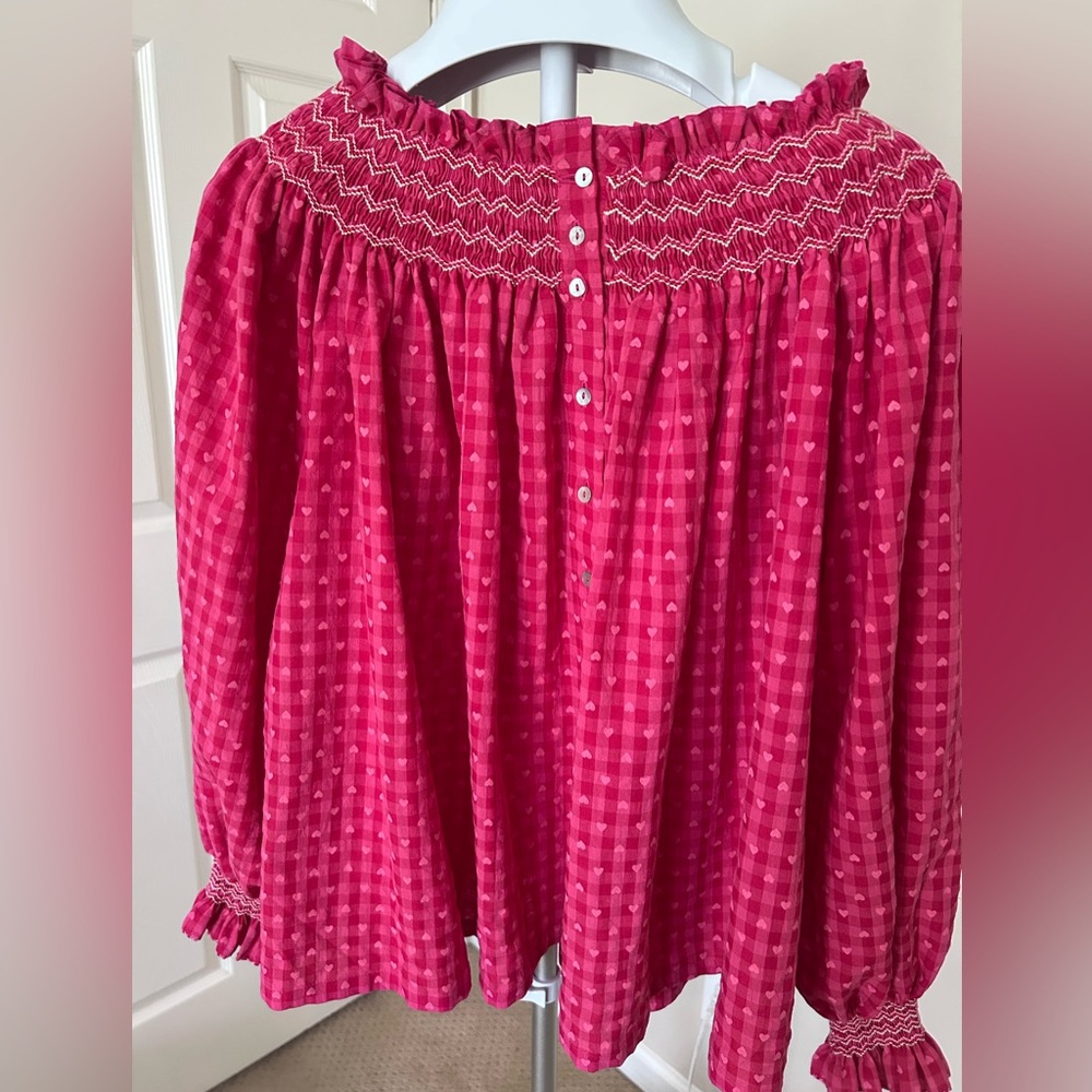 Smock London pink gingham with hearts smocked blouse.